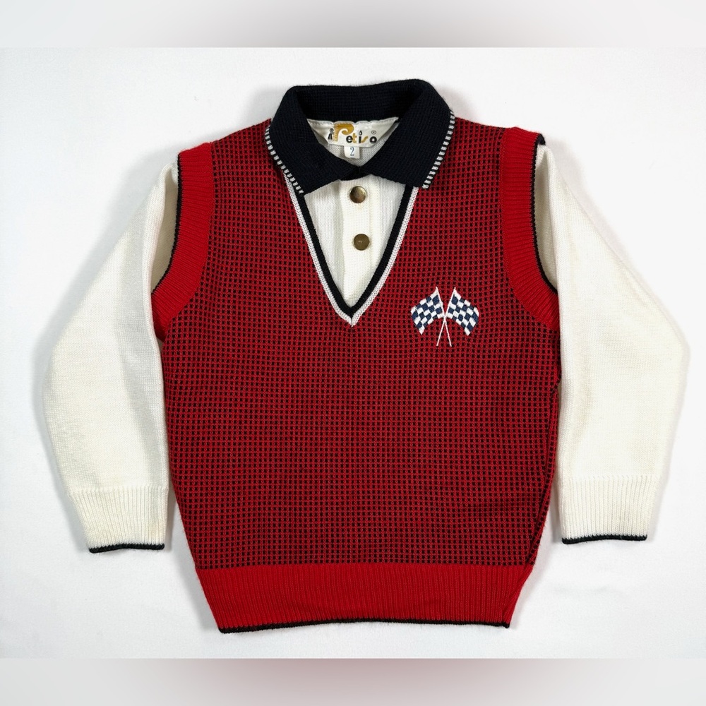 PETISO VINTAGE Late 80s-90s Boys' Checkered Flag Layered‎ Sweater Retro Racing 2